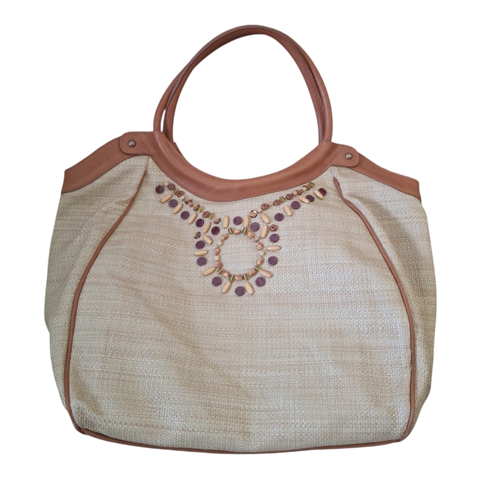 Forth & Towne Olefin Large Beach Tote Bag Brown Leather Trim Rhinestone Beads
